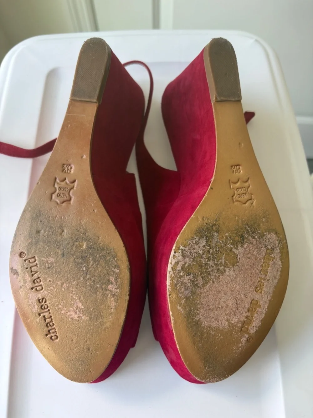 Red Suede Charles David Sling Back Wedge Sandals